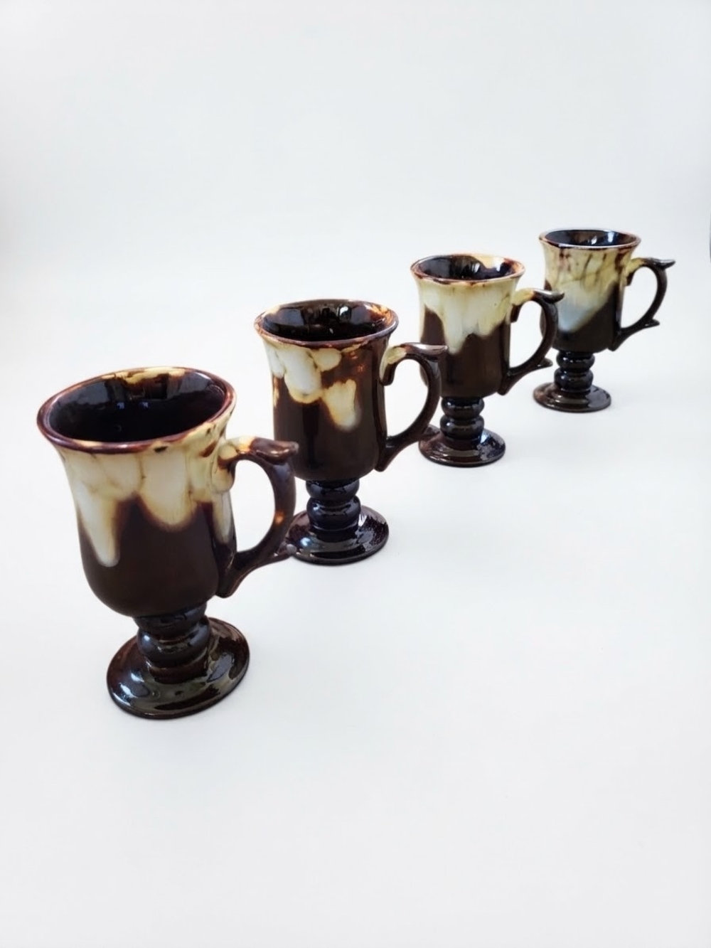 Vintage MCM Brown & Cream Drip Glaze Pedestal Coffee Mugs - Set of 4